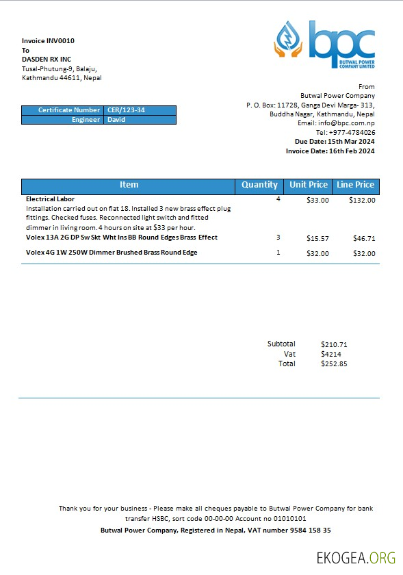 Modèle de facture de services publics d'électricité de Nepal Butwal Power Company Limited aux formats Word et PDF